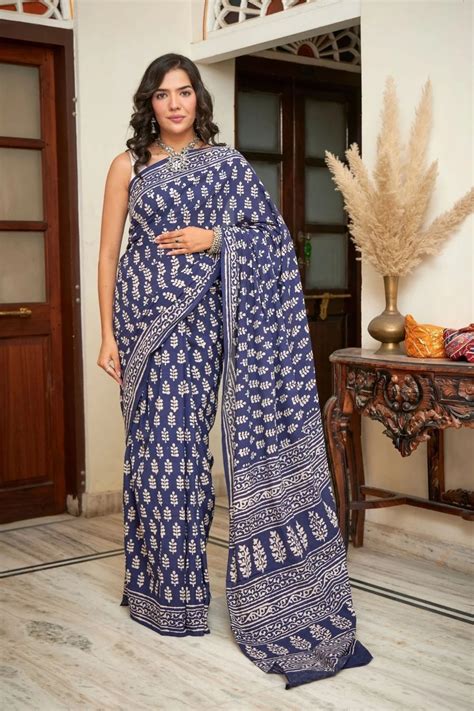 Mulmul Cotton Saree | Blue Tranquil | Indian Blocks Print