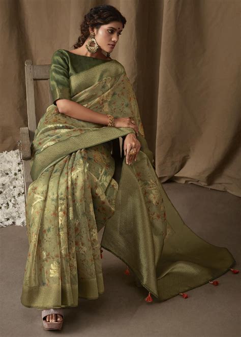 Shimmer Green Woven Banarasi Brocade Tissue Silk Saree With Floral Pri ...