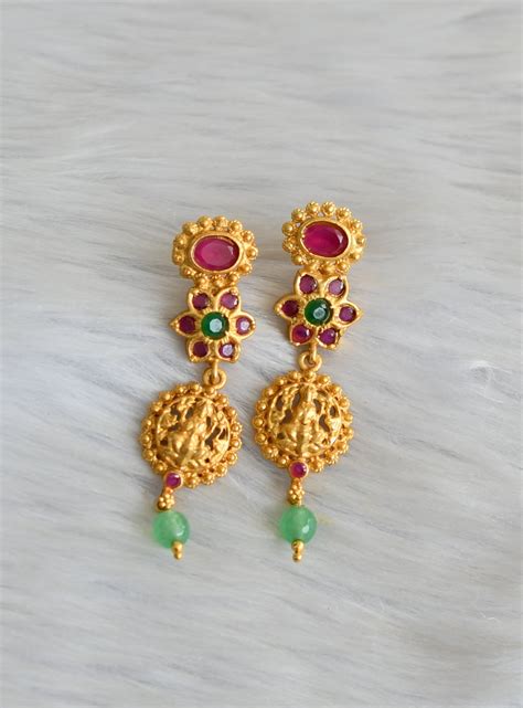 Gold tone ruby-green Lakshmi flower green agates beads necklace set dj ...