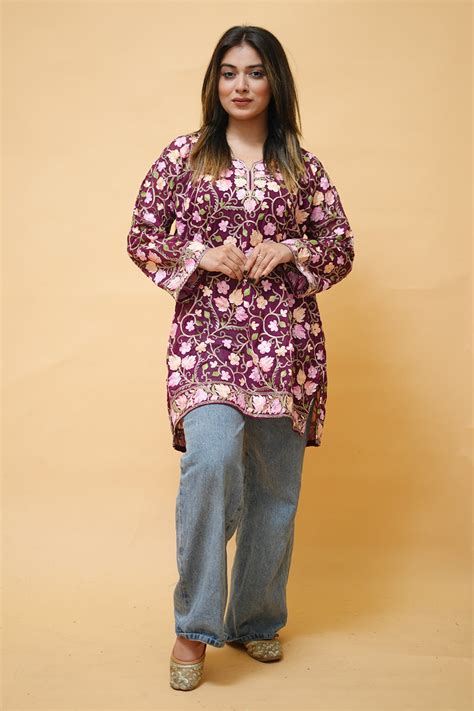 Purple colour aari work neck short kashmiri kurti with thread
