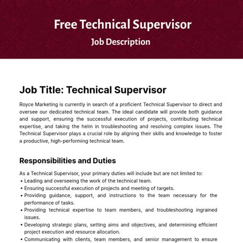 Free Technical Supervisor Job Description Template to Edit Online