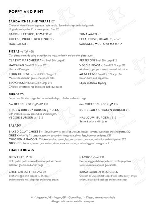 Menu at Poppy & Pint pub & bar, West Bridgford