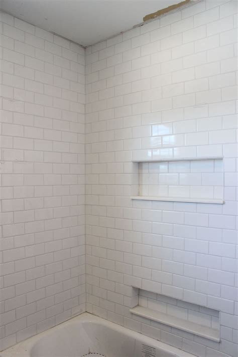White subway tile shower, Frost grout by Mapei | White subway tile ...