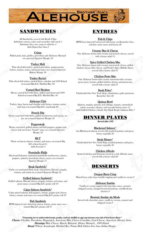 Menu at Brother Jon's Alehouse pub & bar, Bend