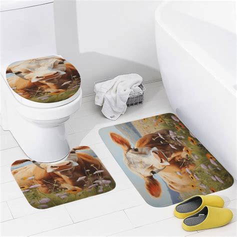 Farmhouse Highland Cow Funny Cattle And Flower Bathroom Mats Set 3 ...