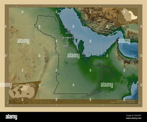 Ash Sharqiyah, region of Saudi Arabia. Colored elevation map with lakes ...