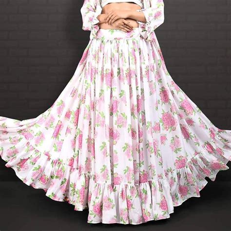 Ruffled White Floral Digital Printed Jacket Lehenga in Georg