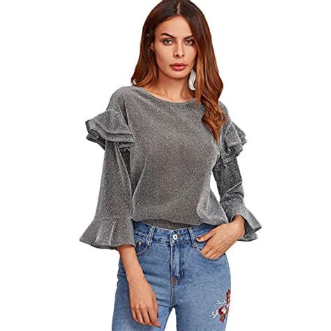 RANSI TIERED RUFFLE FLARED THREE QUARTER LENGTH SLEEVE GLITTER GREY ...