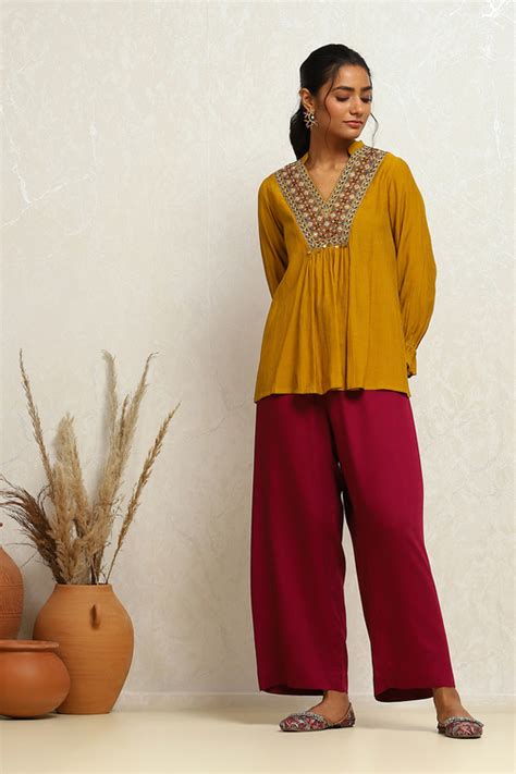 Buy Mustard Yellow Embroidered A-Line Kurti Online at Biba India