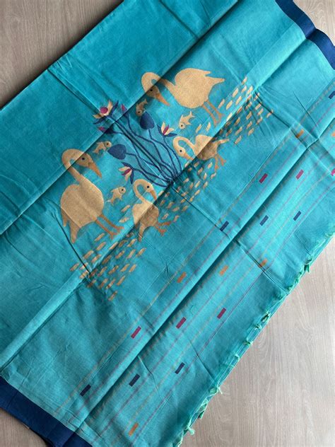 Aqua Blue Chettinad Cotton Saree with Swan & Lotus Motif Pallu - 27766 ...