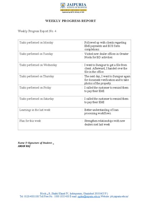 Weekly Report 4 - HFFC - WEEKLY PROGRESS REPORT Weekly Progress Report ...