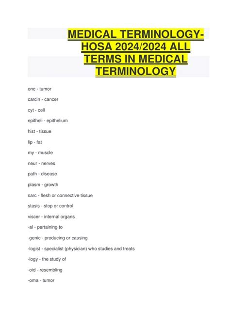 MEDICAL TERMINOLOGY HOSA 2024/2024 ALL TERMS IN MEDICAL TERMINOLOGY ...
