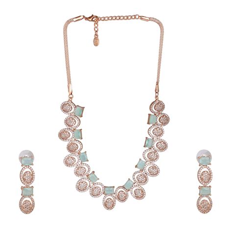 Buy Estele Rose Gold Plated CZ Fascinating Necklace Set with Mint Green ...