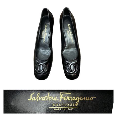 Buy 1990s Ferragamo Black Heel Shoes / Patent Leather Slip on Low Heel ...