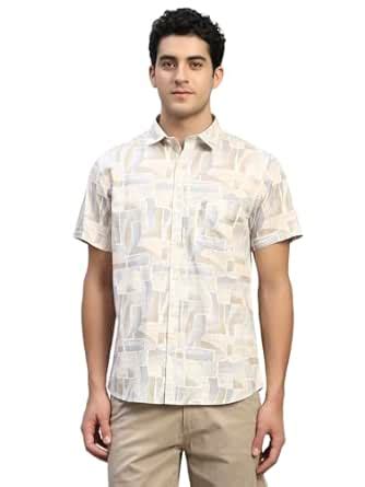 Cantabil Men's Beige Printed Half Sleeves Spread Collar Casual Shirt ...