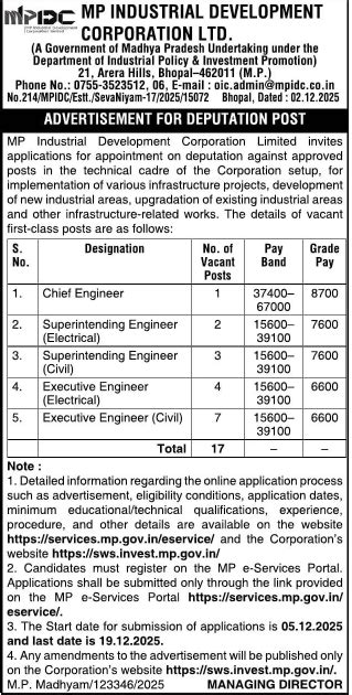 MPIDC Recruitment 2025 Apply Online 17 Engineer Vacancies | Last Date ...