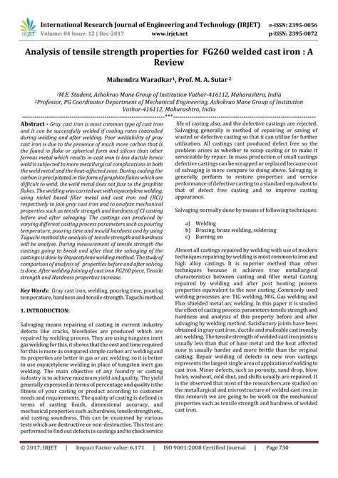 Analysis of Tensile Strength Properties for FG260 Welded Cast Iron : A ...