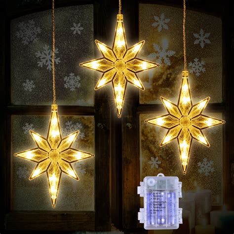 3Pack Christmas Star Window Lights,Quntis Battery Operated 30LED ...