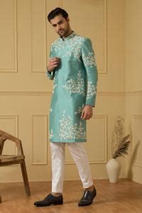 Buy Blue Silk Embroidery Marino Cut Dana Sherwani For Men by Hilo ...