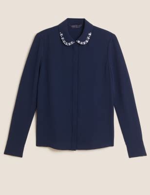Embellished Collared Long Sleeve Blouse