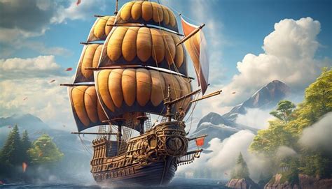 Wooden ship flying through the clouds with sails inflated like a hot ...