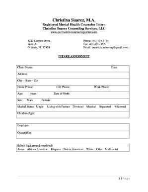 Fillable Online Intake Assessment - Christina Suarez Counseling Fax ...