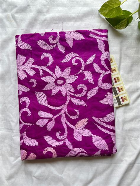 PURPLE KANTHA STITCH HAND EMBROIDARY FULL WORK PURE BANGLORE SILK DUPA ...