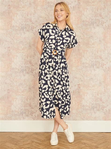 Yumi Belted Shirt Midi Dress, Navy/White