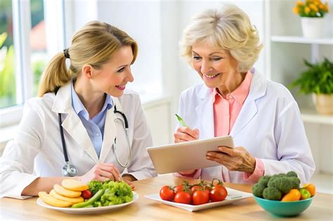 A patient and a dietitian discussing meal planning and portion control ...