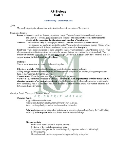 AP Biology (APBIO) Unit 1 Notes: Biochemistry & Chemical Properties - Studocu