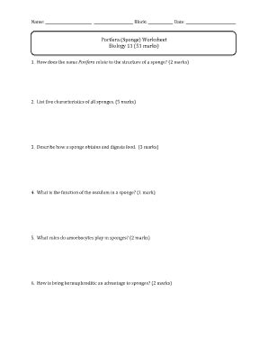 Porifera Sponge Worksheet Biology 11 51 Marks Answer Key - Fill and ...