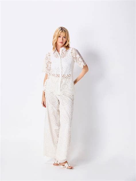White Schiffli Wide Leg Trouser