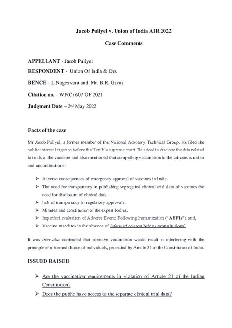 Dscsdc-1 - Summary Hindu Law - Jacob Puliyel v. Union of India AIR 2022 ...