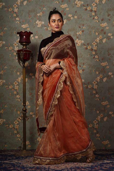 Marigold Glass Tissue Mehraab Border Saree – kreationbykj