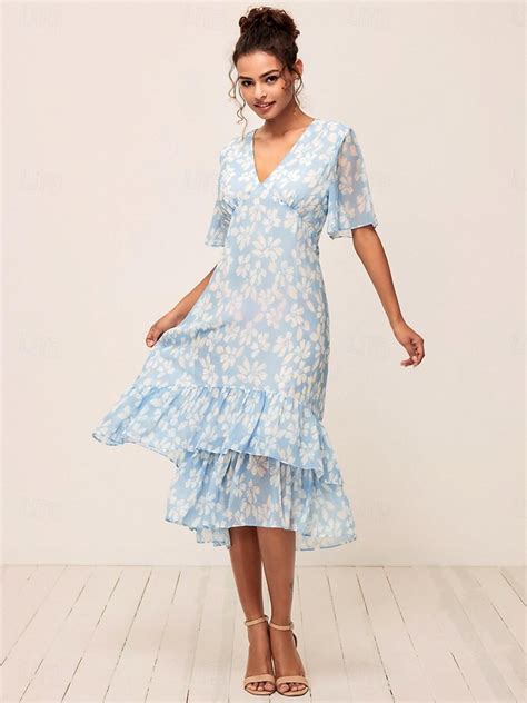 Women's Tea Length A Line Dress Layered Dress Elegant Flared Sleeve ...