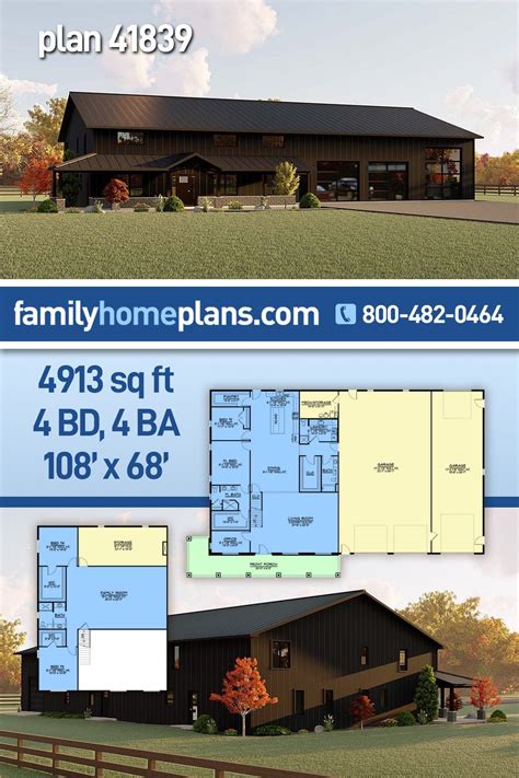 Plan 41839 | Barndominium House with 4 Bed, 4 Bath, 4 Car | Pole barn ...