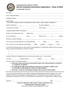 Fillable Online schiff house Service Academy Application Form Class of ...