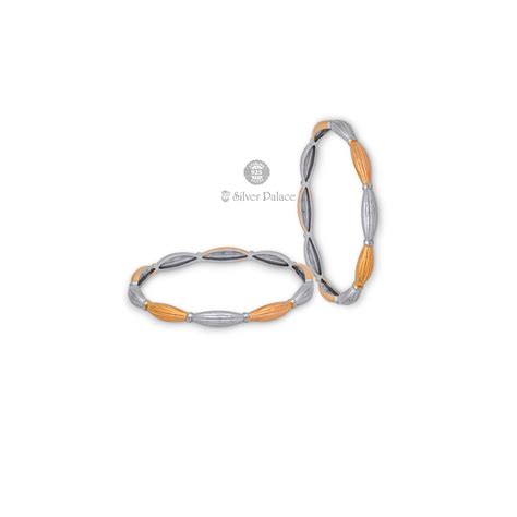 925 Sterling Gold Polish Silver Dual-tone Textured Beaded Bangles For ...