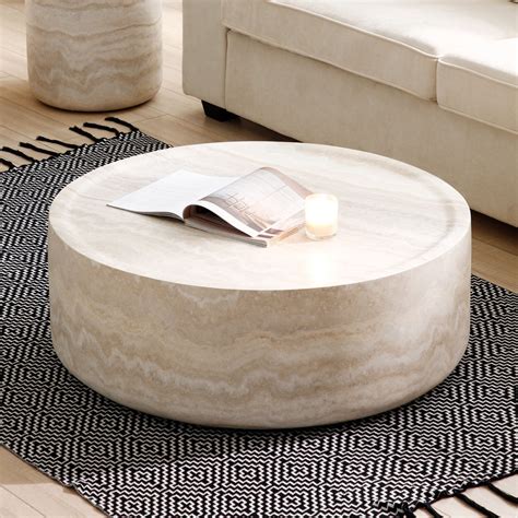 31.49'' Round Coffee Table with Marble Texture, Modern Drum Circle ...