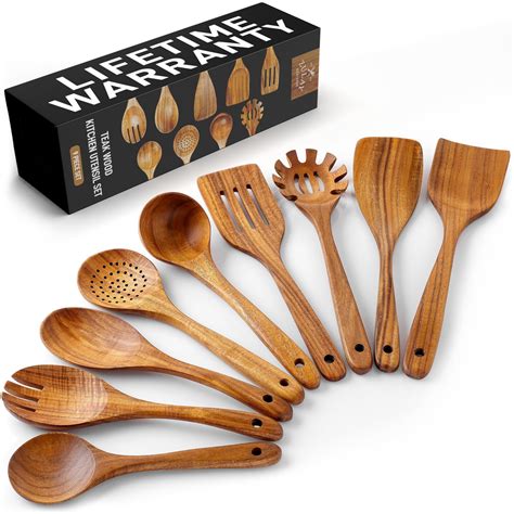 Free Shipping! Zulay Kitchen Premium 9 Piece Teak Wooden Utensils ...
