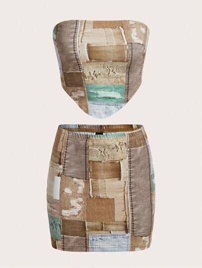 SHEIN ICON Western Cowgirl Patchwork & Denim Effect Print Tube Top ...