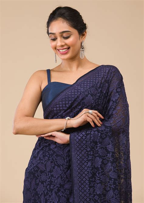Buy Navy Blue Threadwork Georgette Saree - Koskii