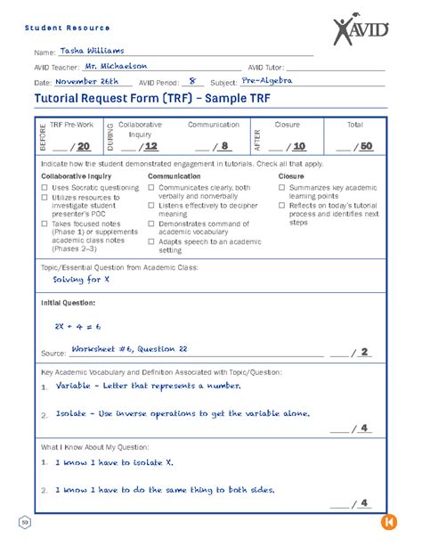 Sample TRFs AVID 1 - 50 Tasha Williams Solving for X Variable – Letter ...
