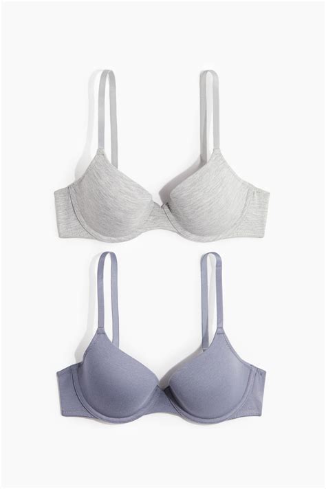 2-pack padded underwired cotton bras - Dusty blue/Light grey marl ...