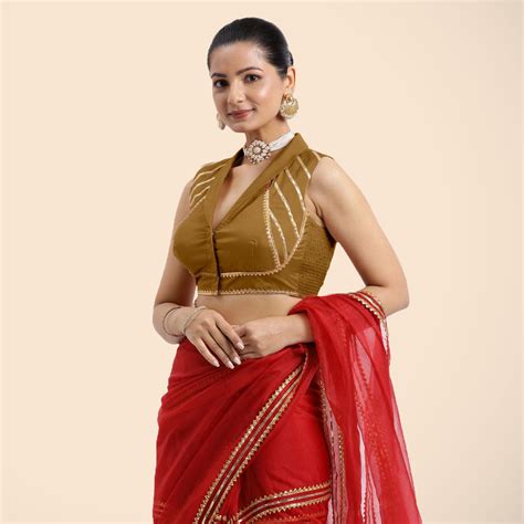 Avni Sleeveless Silk Saree Blouse in Bronze Gold with Shawl Collar ...