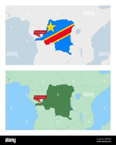DR Congo map with pin of country capital. Two types of DR Congo map with neighboring countries ...