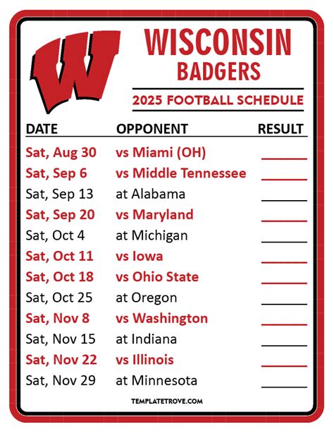 Printable 2025 Wisconsin Badgers Football Schedule