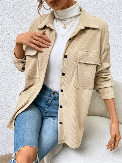 SHEIN EZwear Drop Shoulder Flap Pocket Corduroy Coat | SHEIN USA