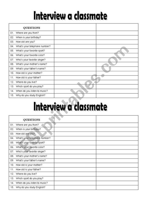 Classmate Interview Worksheet 的图像结果