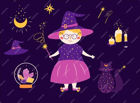 Premium Vector | Magic set icons witch magic cat crystals cute ...